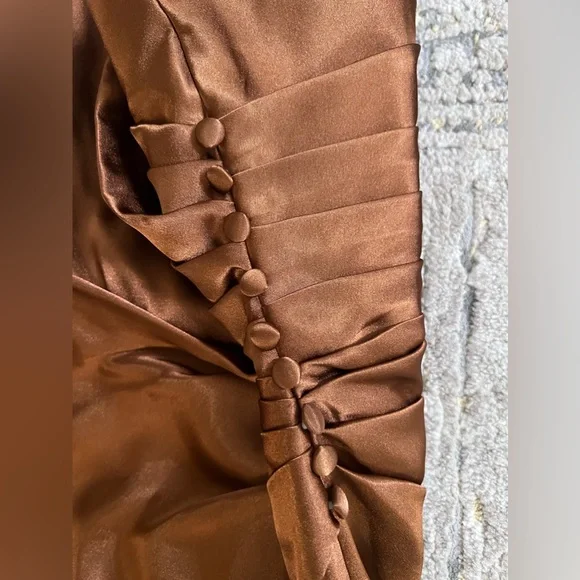 Galina Signature Charmeause Draped One-Shoulder Dress | Tawny Color | Size 0 - Picture 6 of 9